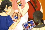 In an article about Kamala Harris, an illustration of three people looking at images of Kamala Harris