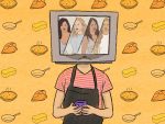 In an article about The Real Housewives franchise, a person with a TV on their head featuring four members of the show's cast