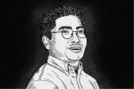 A black and white portrait of "Berserk" author Kentaro Miura.