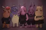 An art piece of the Backyardigans, including a moose, penguin, ladybug, kangaroo and hippo, standing together. (Illustration by Ro Odendahl, Montserrat College of Art)