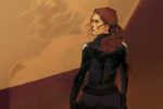 In an article about Black Widow, Natasha Romanoff faces away from the viewer against a brown and gold background.