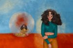 In an article about In the Meantime, an illustration of Alessia Cara's "In the Meantime" album cover of Cara inside a bubble, with the addition of a second Cara standing on the outside.
