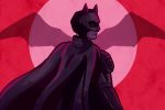 in article about The Batman, Bat symbol covering a pink moon and red sky, with Batman facing the symbol but looking over his right shoulder