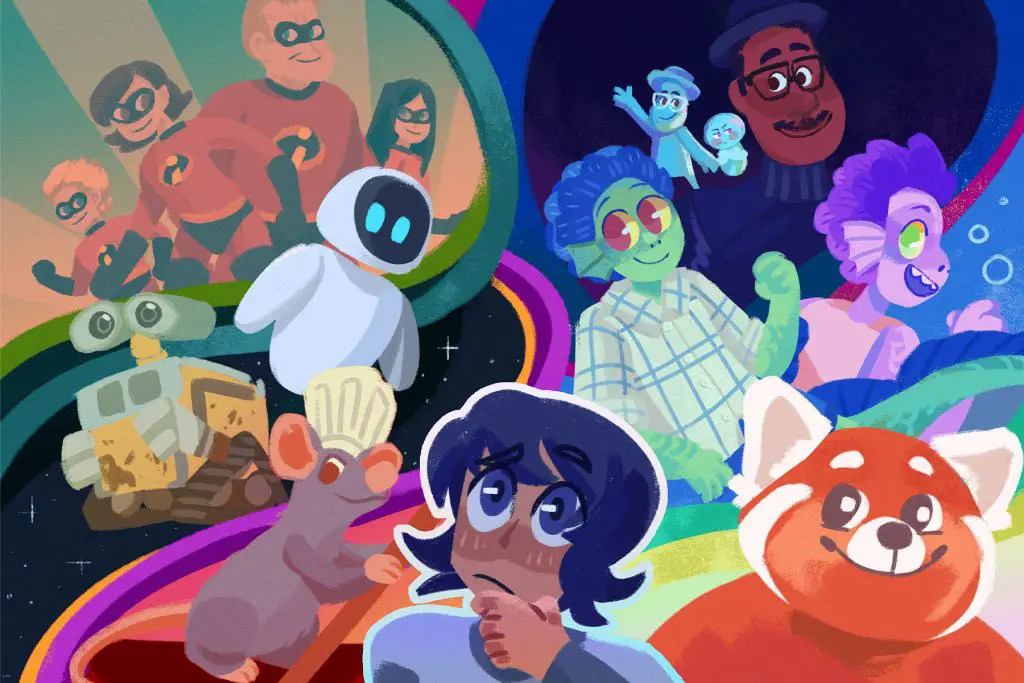 illustration with a bunch of pixar movie characters, including "turning red"