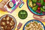 An illustration showing a variety of food options for vegan and gluten-free college students