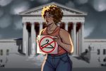 A woman holding a sign with a clothes hanger on it, protesting the rights to abortion during The Summer of Rage.