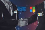 In an article about Activision, a drawing shows two hands shaking with corporation symbols behind them.