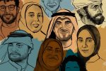 In an article about Arab American identity, an illustration of a diverse group of Arabs.