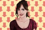 In an article about Netflix's persuasion, Dakota Johnson in front of down arrows