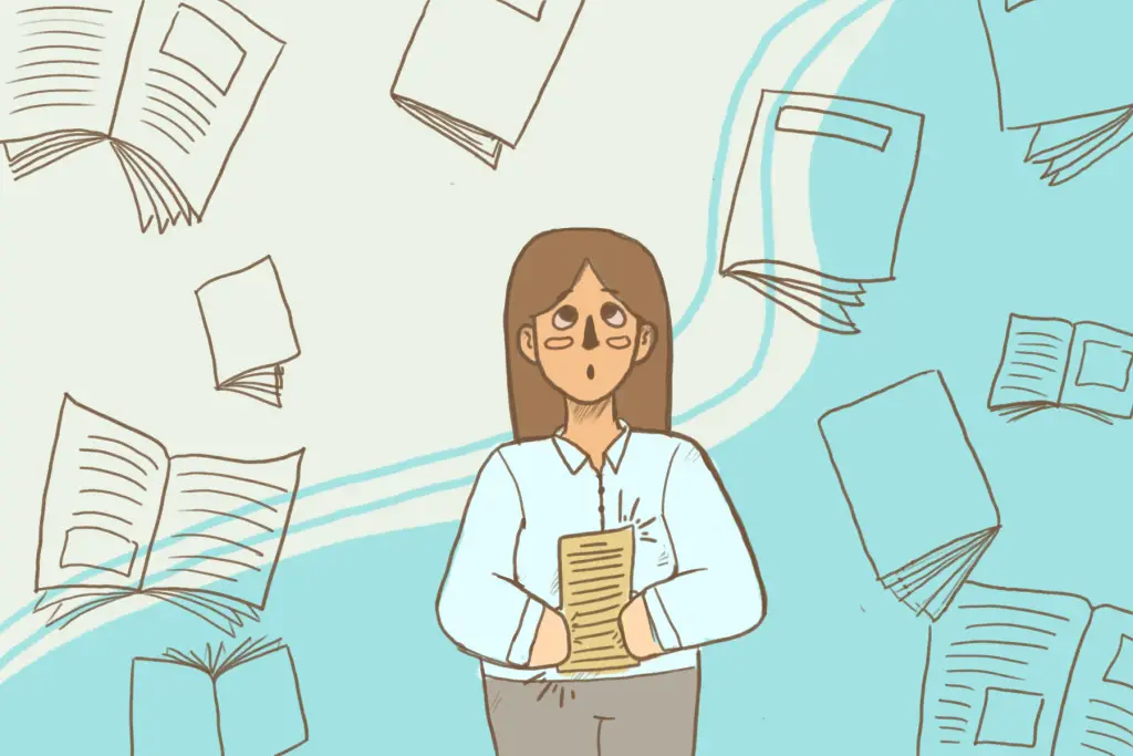 in article about creative writing, illustration of girl holding a book on a blue background with book graphics floating in the air