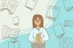 in article about creative writing, illustration of girl holding a book on a blue background with book graphics floating in the air