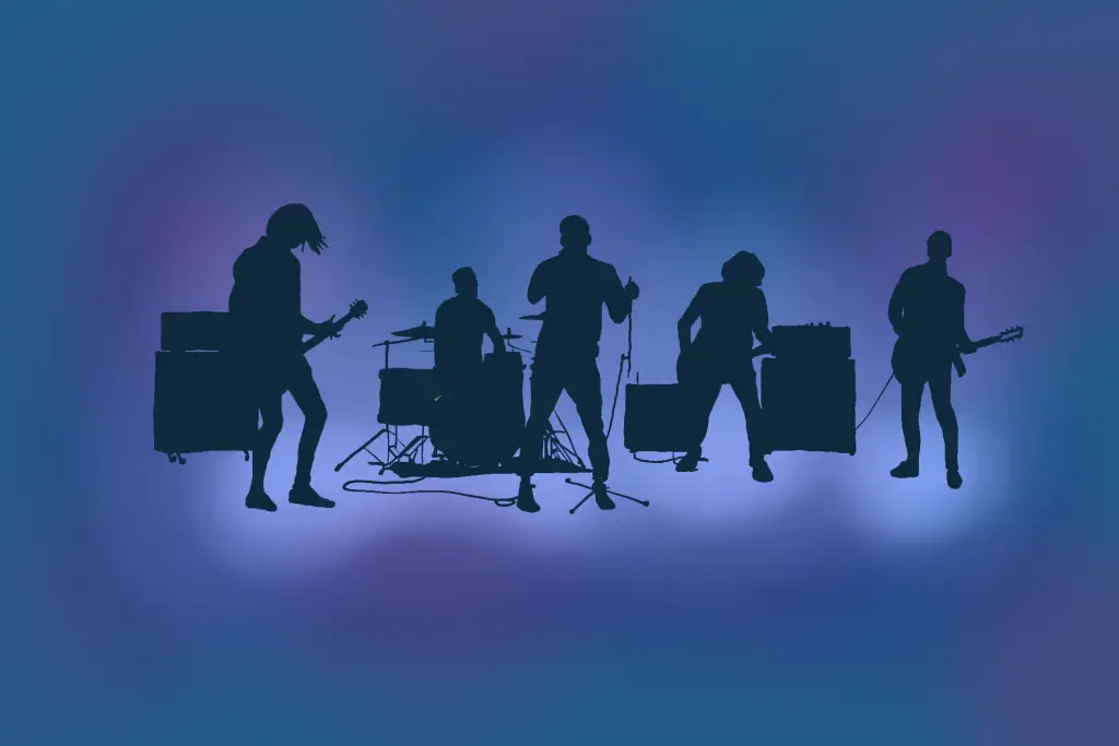 For an article about local music, an illustration of a band performing in all silhouettes in front of a blue background.