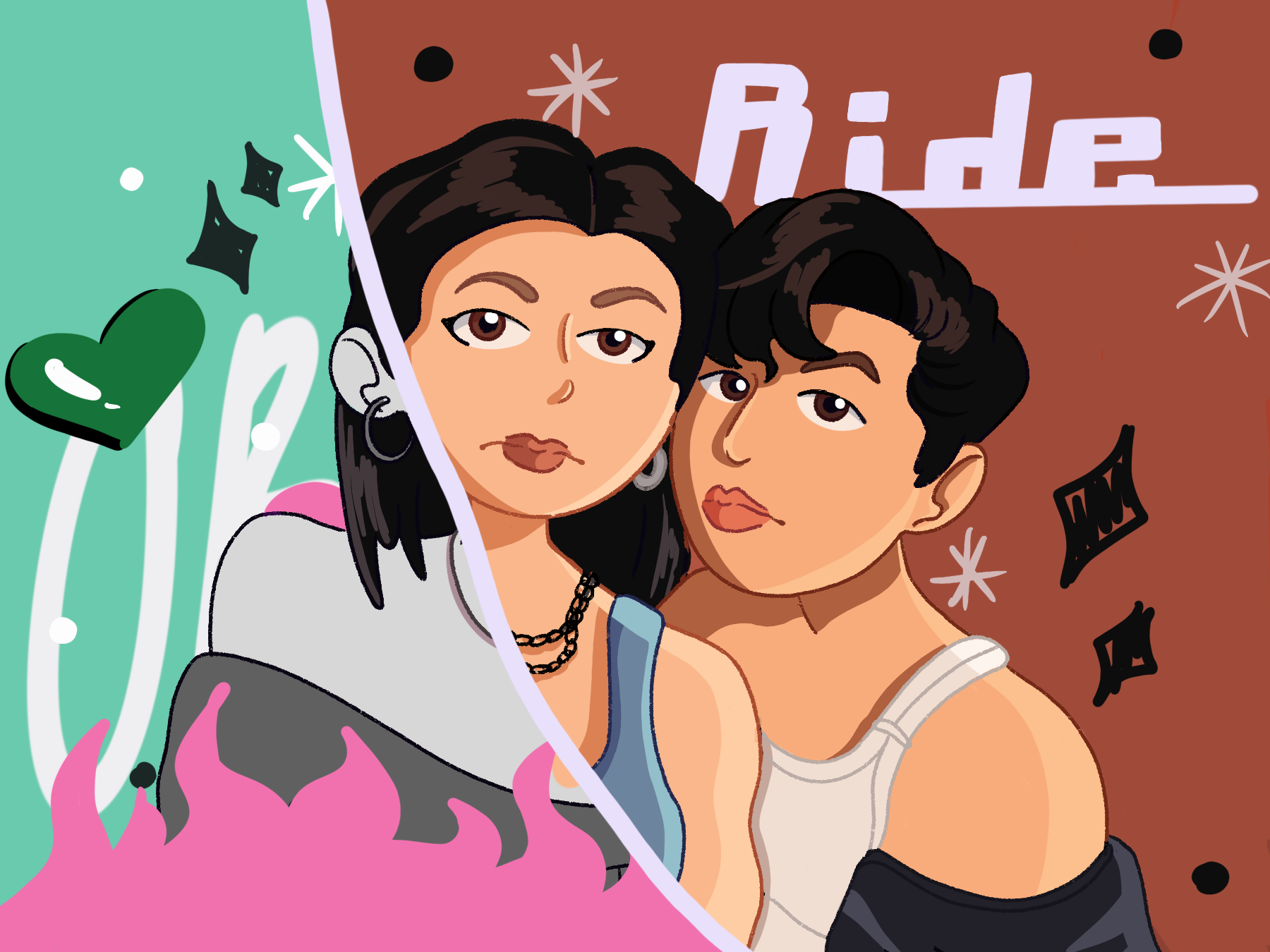 In an article on the new podcast "Ride" is graphic of Benito Skinner and Mary Beth Barone posing together against a split background: one side is green for their old podcast and the other is brown for their new podcast.