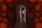 An illustration of a woman standing at the door of a dark basement with walls covered in red.