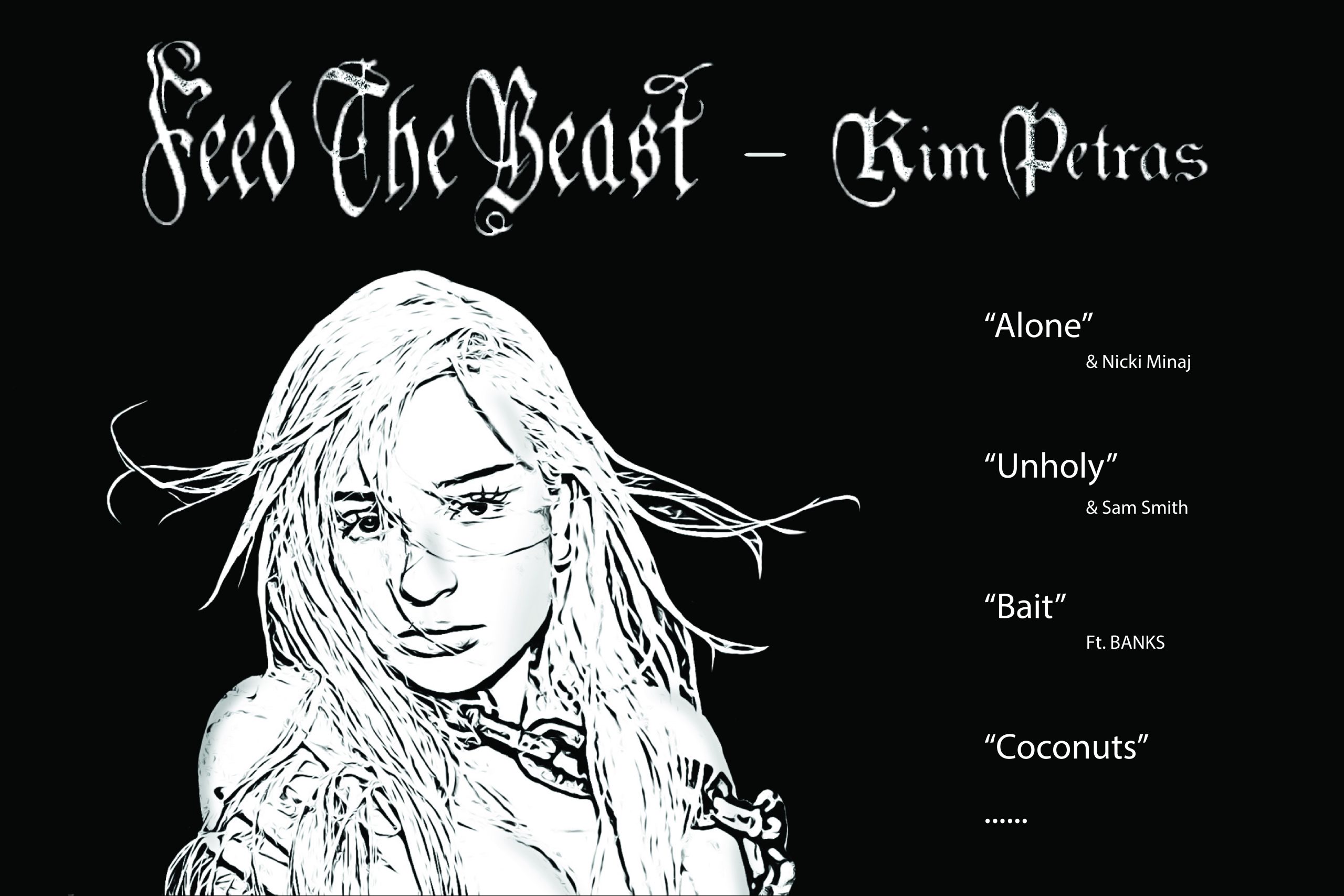 In an article about Kim Petras' new album, a black-and-white sketch f Petras alongside a brief list of the album's most popular titles.
