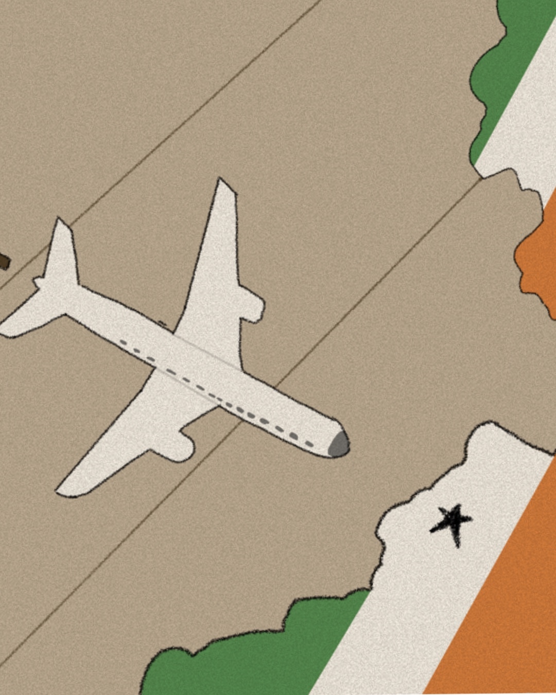 In this article about studying abroad in Ireland, a plane sails across the sky, heading towards a cloud resembling the Irish flag.