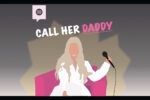 In an article about Call Her Daddy, Alex Cooper sits on a hot pink chair and clutches a microphone in her left hand.