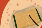 In an article about metafictional writing, a notebook sits with a black pencil over it.