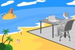 In an article about hustle culture in the US, a colorful beach landscape is far off to the left hand side. A greyscale person sits on the right side, typing on a laptop computer