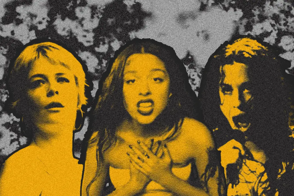 For an article about female sophomore albums, three women are pictured next to eac other.