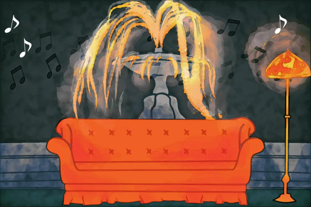 Against a dark grey background with music notes, the "Friends" orange couch sits in front of a spurting fountain.