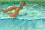 For an article on the Weeki Wachee park, a woman in a bathing suit on a floating device while in water while mermaids swim below her.