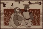 In sepia colors, a teenage girl and boy stand against the blowing wind in renaissance clothing while dragons fly in the background.