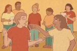 Graphic of people performing in acting class.