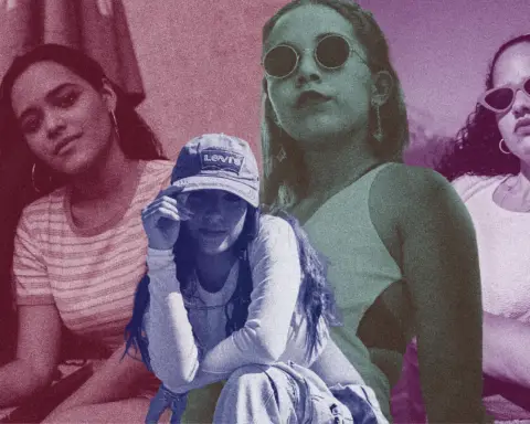 Women wearing Latine fashion with colorful filters.