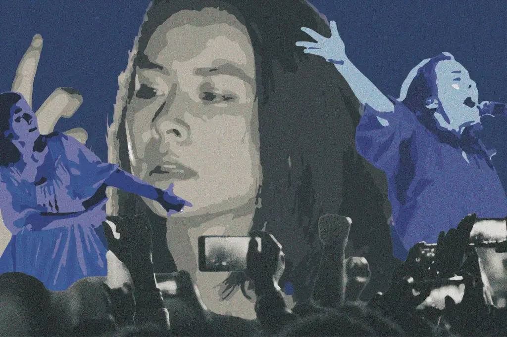 Collage of Mitski performing for a crowd.