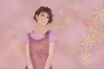 Illustration of Molly Ringwald in pink with flowered background.