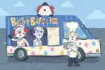 Cartoon clowns in "BigTop Burger" food truck.