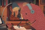 Brain listening to music on headphones in studying environment.